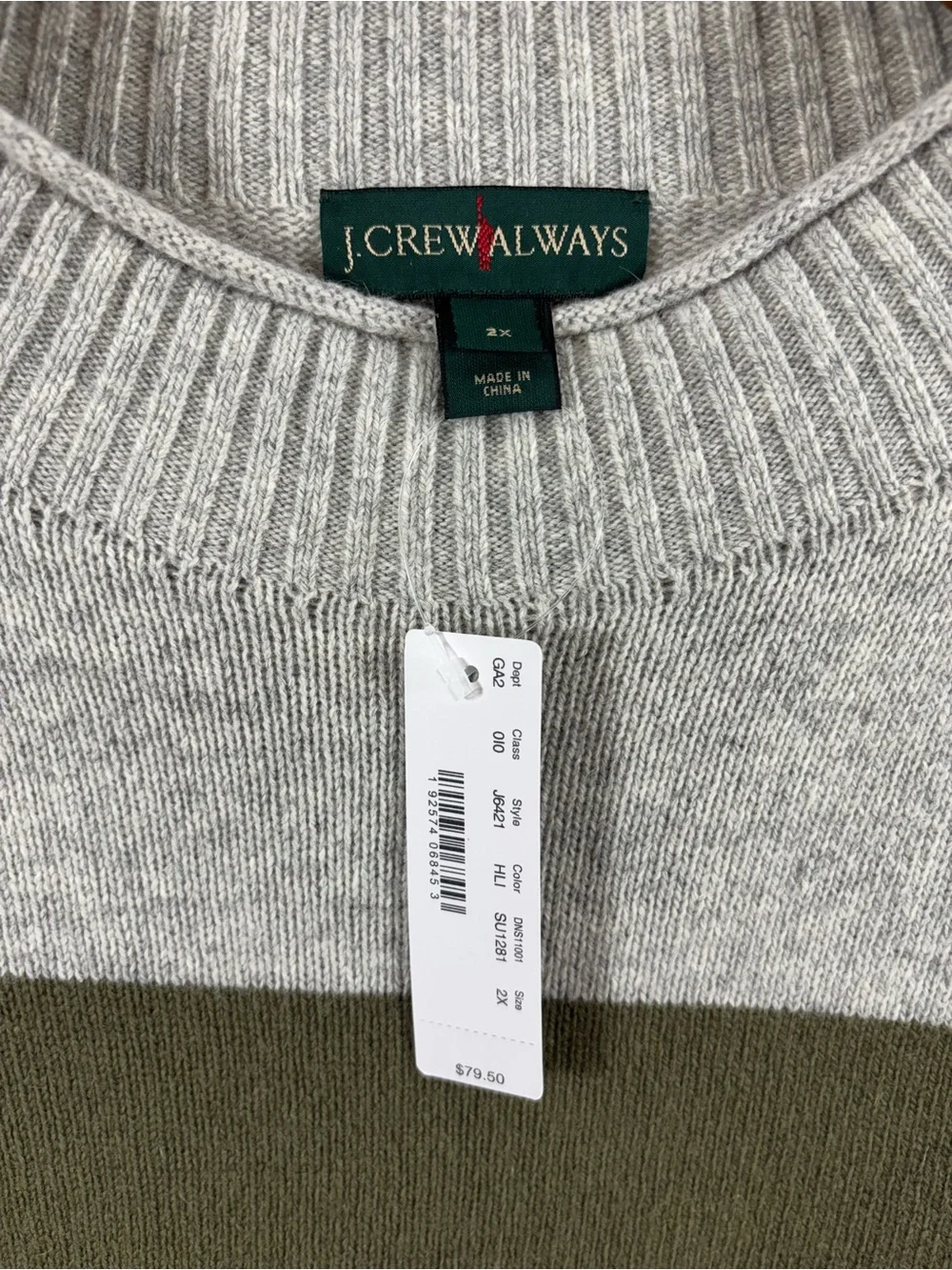 J. Crew Always Roll Neck Sweater Green Gray Stripe Color Block 2X
